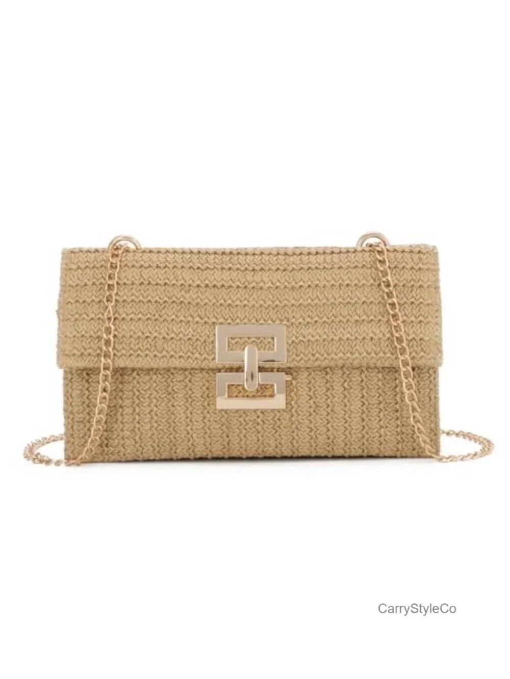 Women's Woven Straw Clutch Purse with Chain Shoulder Strap - Beach & Summer